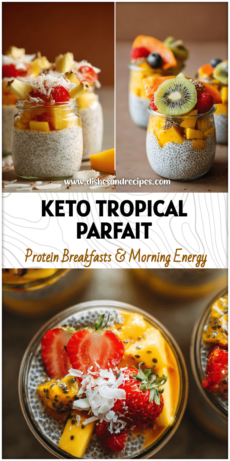 Coconut chia pudding parfait topped with tropical fruit and chia seeds served in clear jars.